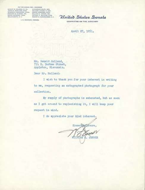 Senator William E. Jenner Signed Letter