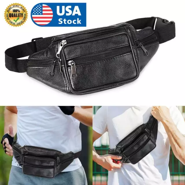 Mens Black Leather Fanny Pack Large Multi Zippered Waist Bag Design Hip Purse