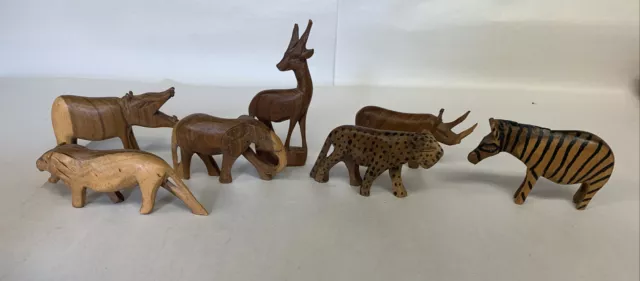 Lot of 7 MINIATURE HAND CARVED NATIVE WOOD WILD ANIMAL SAFARI AFRICA FIGURES