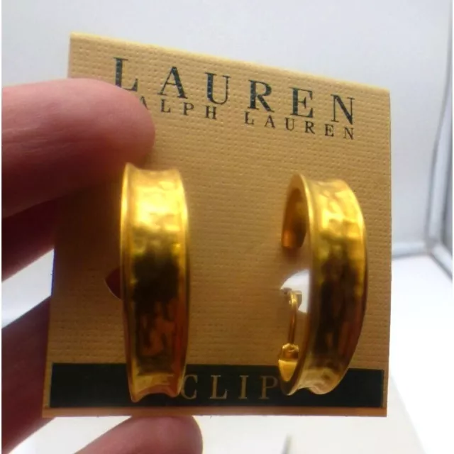 Lauren Ralph Lauren Hammered Metal Gold Clip On 1” Hoop Earrings