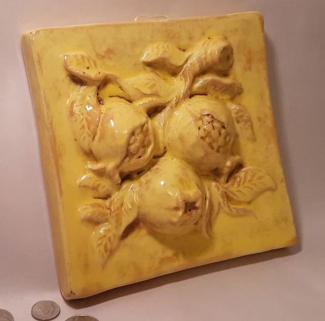 6 3/4" ITALIAN TERRACOTTA TILE vtg pomegranate yellow majolica drip glaze fruit