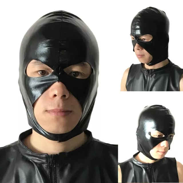 HOT Wet Look PVC Black Mask Spandex Full Head Hood Cosplay Costume Party 3 Holes