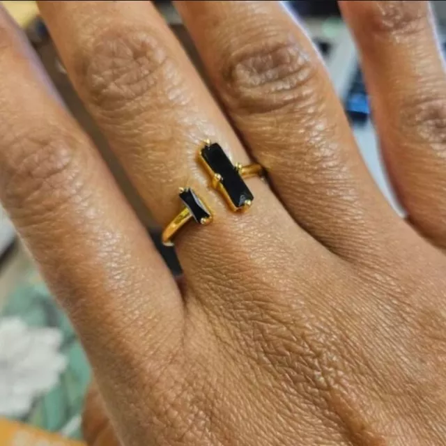 Black Obsidian Bar 18K Gold Dainty Minimalist Healing Women Open Size Ring Gifts
