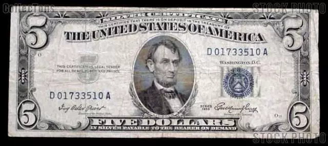 Five Dollar Bill Silver Certificate Series 1953 US Currency Good or Better
