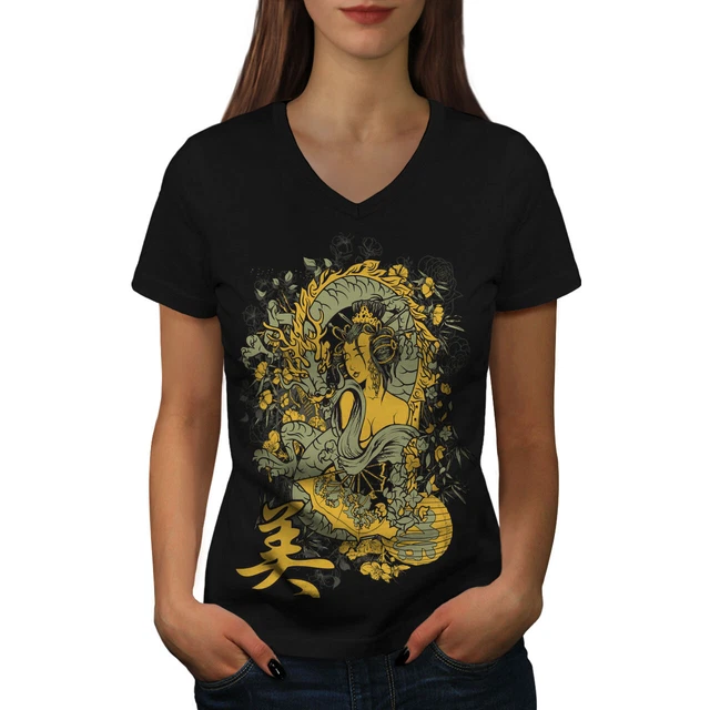 Maglietta Wellcoda Dragon Asia Giappone da donna scollo a V, grafica tradizionale