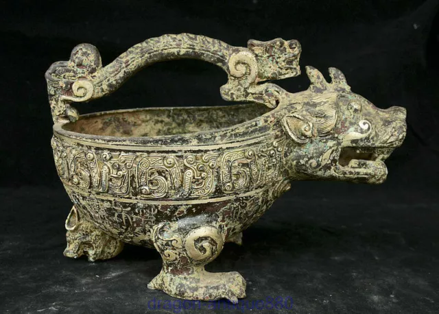 27CM  Old Chinese Bronze Ware Dynasty Drinking vessel Portable Beast Kettle