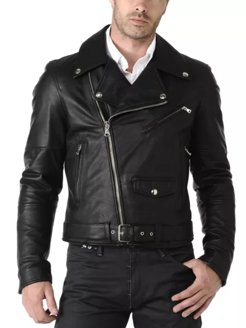 Men's Genuine Lambskin Biker Jacket Motorcycle Slim fit Leather Jacket Coat