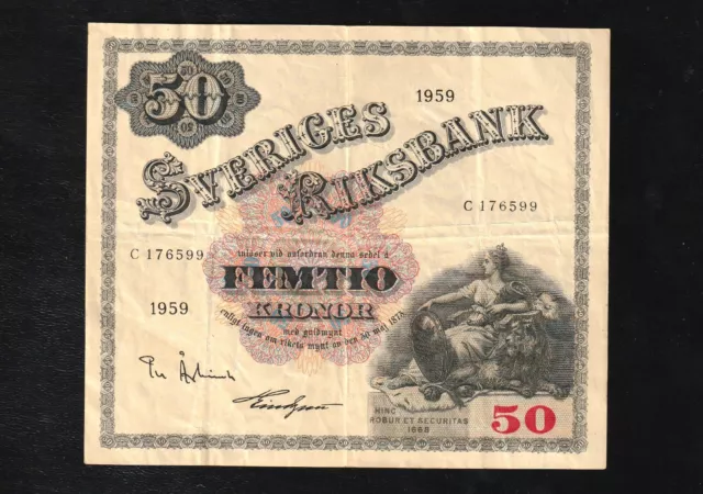 Sweden Sveriges Riksbank  50 Kronor  1959 P  47  RARE * King Gustav * Bank Note