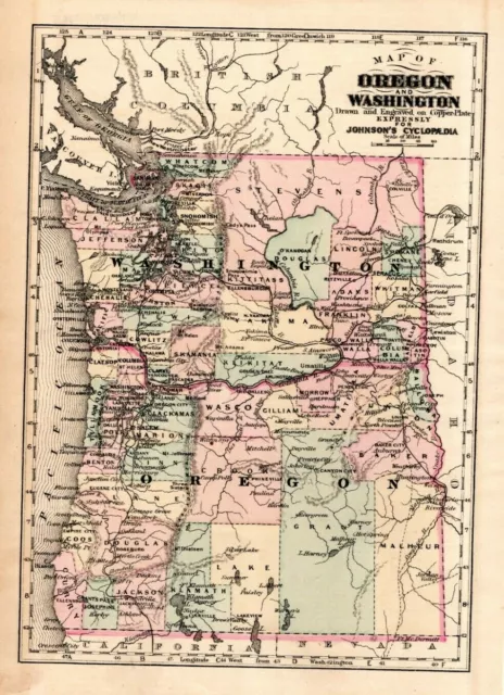 OREGON & WASHINGTON Map (small) 1885 -Copper Plate - Johnson's Cyclopedia
