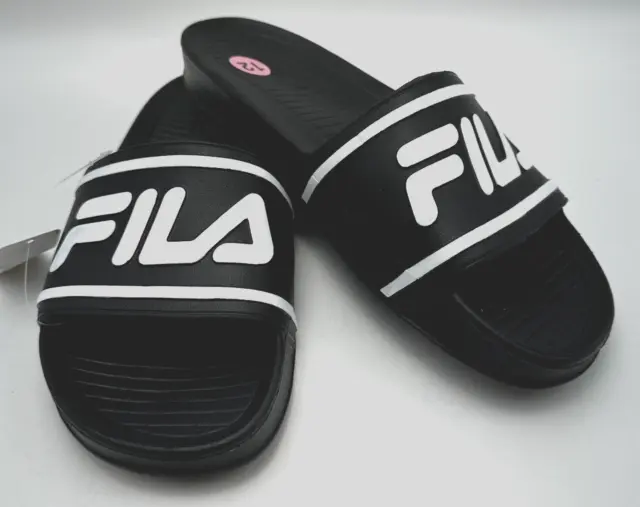 FILA Slide Mens 12 Sleek ST Black White Logo Slippers Sandals Slides M-12