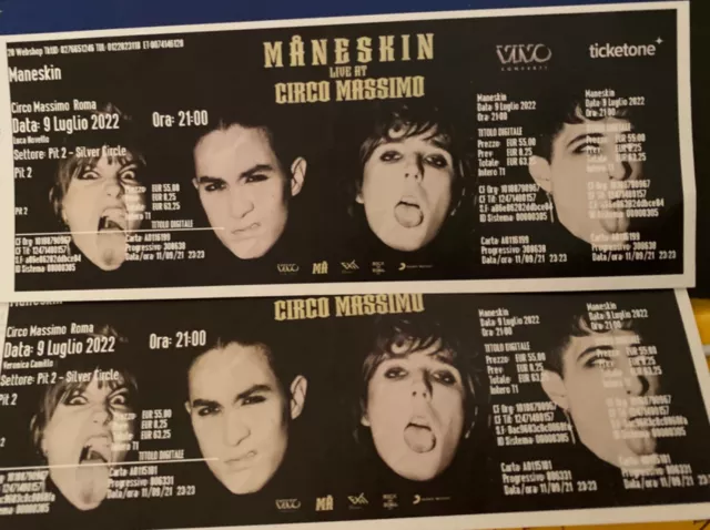 Vendo 2 biglietti per concerto dei Maneskin a Roma il 9 luglio PIT 2 Silver Circ