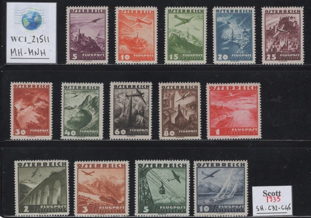 WC1_21511. AUSTRIA. Valuable 1935 air mail short set. Scott C32-C46. MH-MNH