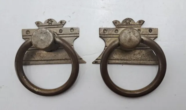 Victorian Eastlake Drop Ring Drawer Pulls Drop Knobs Brass Hardware Lot of 2