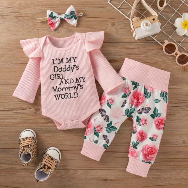 Newborn Infant Baby Girl Romper Jumpsuit Tops Pants Headband Outfits Clothes Set