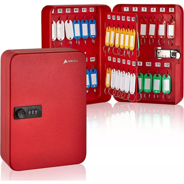AdirOffice 48-Key Cabinet with Combination Lock and Key Tags Red
