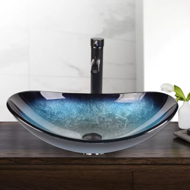 Bathroom Sink Basin Hand Wash Counter Top Oval Glass Bowl Pop up Tap Waste Set 3