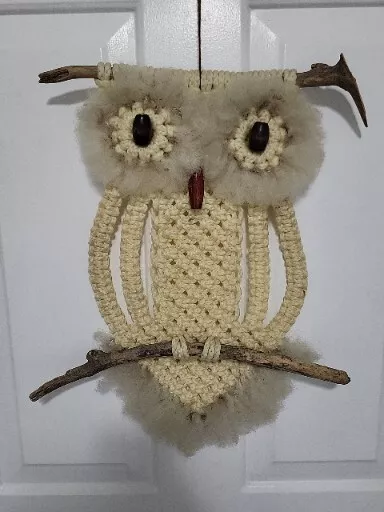 Vtg 70s Macrame Owl On Branch  19 X 16 Hippy Boho