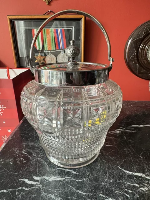 Antique Crystal Cut Glass - Biscuit Barrel - Silver Plated