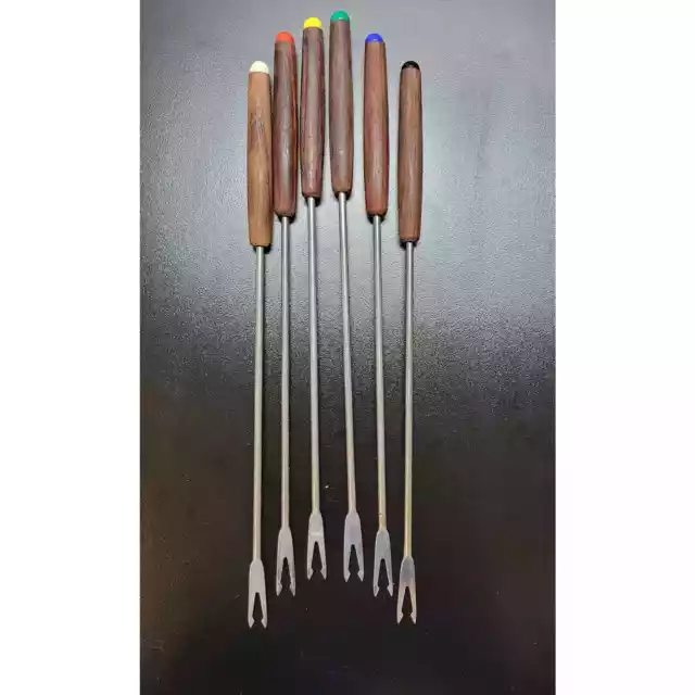 Rosewood Fondue Forks Set of 6 Stainless Steel Japan Color Tips Vintage Tiki