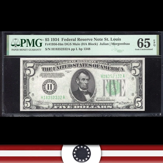 1934 $5 ST LOUIS FRN FEDERAL RESERVE NOTE PMG 65 EPQ Fr 1956-Hm H18352332