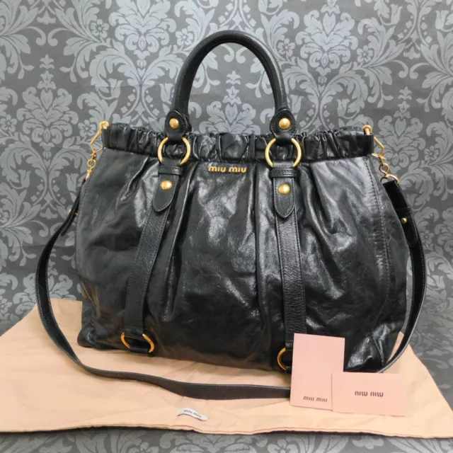 MIU MIU Calf Leather Vitello Lux Gathered Black 2Way Shoulder bag #10 Rise-on