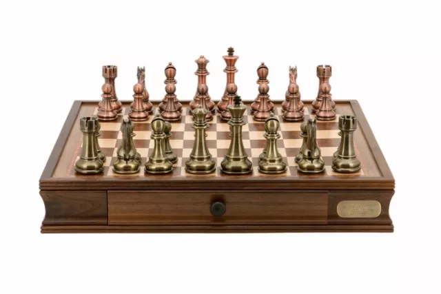 Dal Rossi Chess Set Bronze / Copper Finish w 50cm Walnut Board with Drawers
