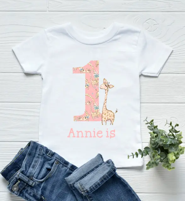 Personalised Girls Pink Giraffe 1st Birthday T-shirt, Vest, Bib, Outfit, First