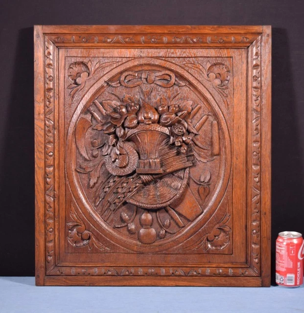 *French Antique Deeply Carved Solid Oak Wood Panel with Harvest Theme