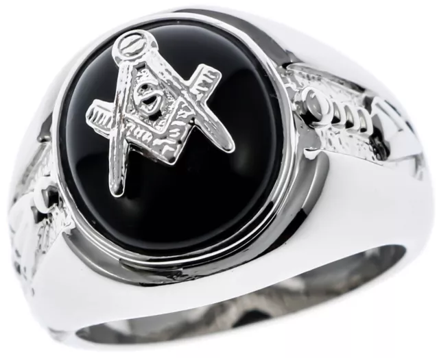 Masonic Mason mens Black Onyx Oval Ring Rhodium Overlay size 10 T38