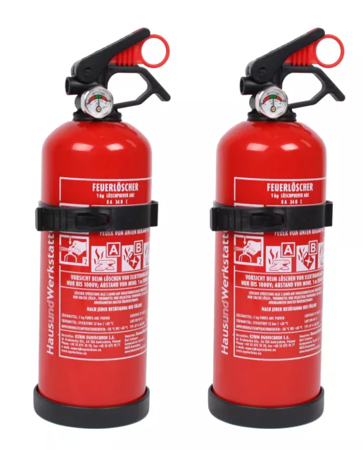 2x Autofeuerlöscher 1kg mit Manometer + Halterung, ABC Bootsfeuerlöscher Löscher