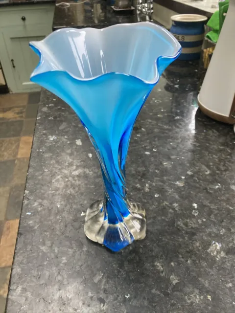 Murano Style Twist Glass Vase Blue Cased Tall Cased Turquoise 9 3/4 Inches Tall