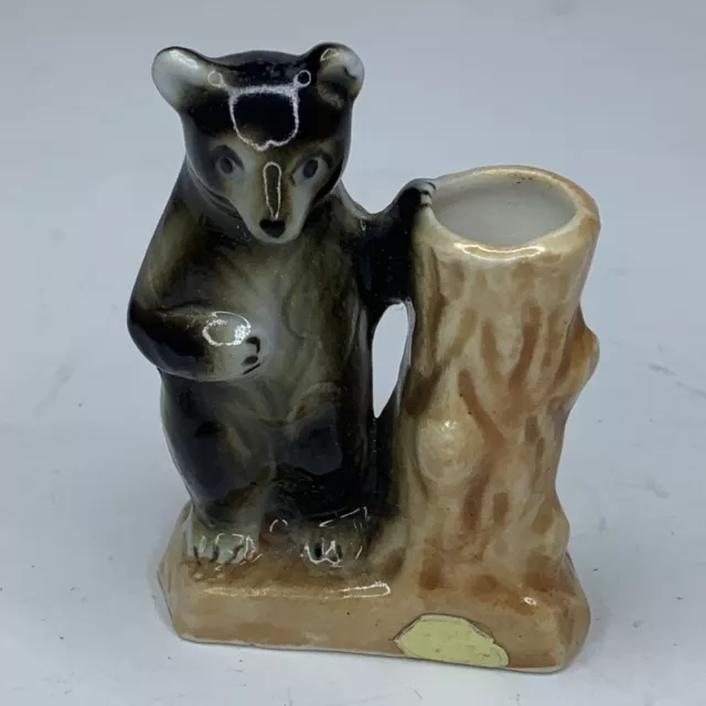 Engaging Bear with Tree Stump Toothpick Holder Porcelain Miniature