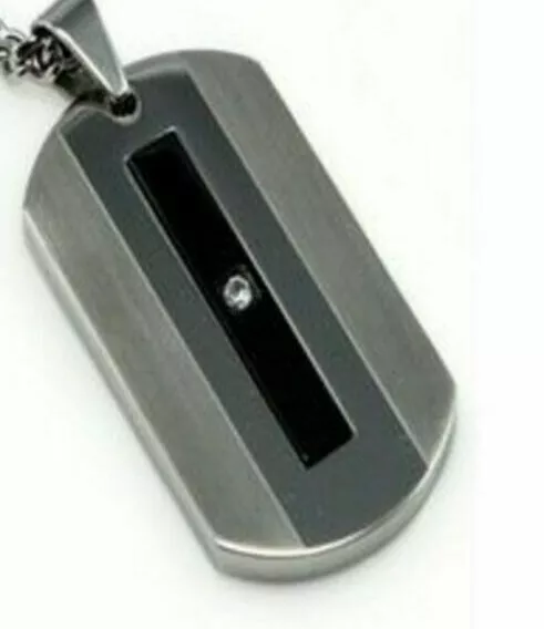 Brushed & Polished Stainless Dog Tag with Black Ion Plate Center CZ  22" Chain