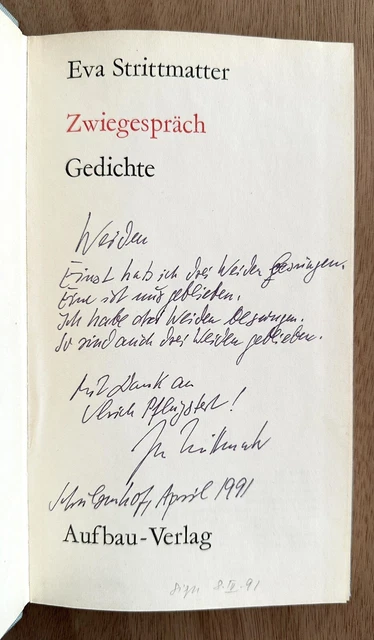 Eva Strittmatter. Zwiegespräch. Eigenhändiges Gedicht, 1980. Erstausgabe.