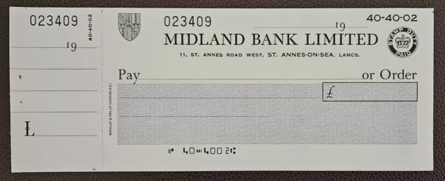 Vintage Midland Bank, St. Annes Road West, St. Annes-on-Sea Branch Unused Cheque