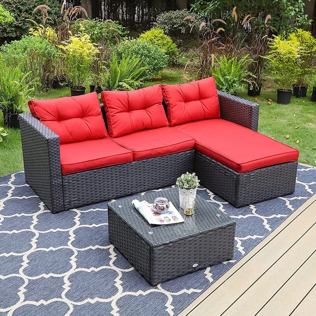 3 PIECES OUTDOOR Patio Furniture Sets Sectional Sofa Rattan Chair