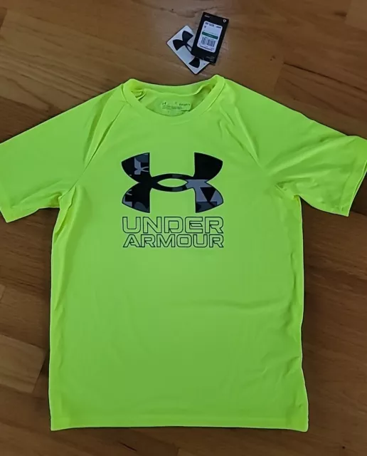 Under Armour Boys Kids Youth Large Neon Yellow Logo Short Sleeve Shirt Athletic