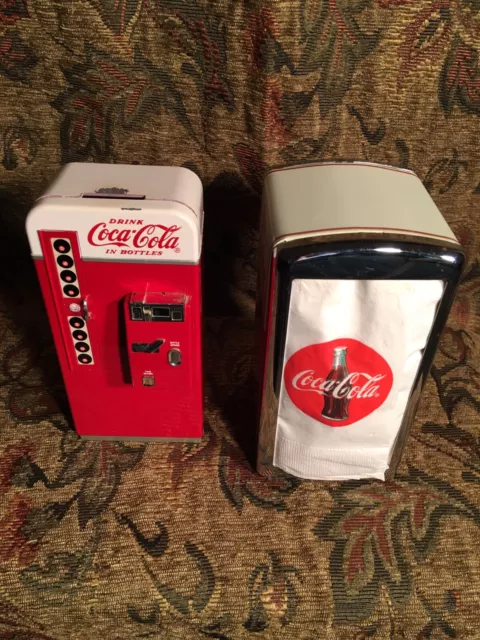 Coca Cola Metal Mini Vending Machine Coin Bank And Napkin Dispenser.
