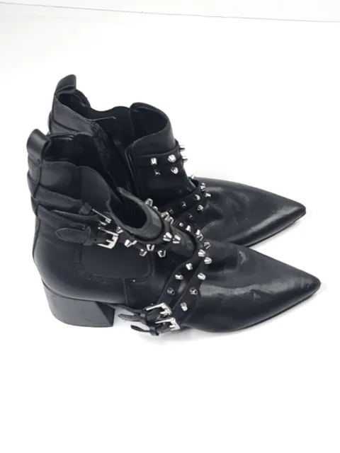 Studded Black Leather Boots Women 7.5 Biker Pointed Toe Booties Kendall + Kylie