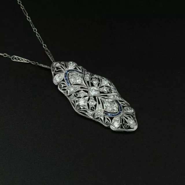 Art Deco Round Lab Created Diamond & Sapphire Filigree Wedding 925Silver Pendant