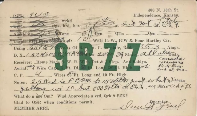 Vintage Ham Radio Qsl Cards 1923  9Bzz  Independence, Ks