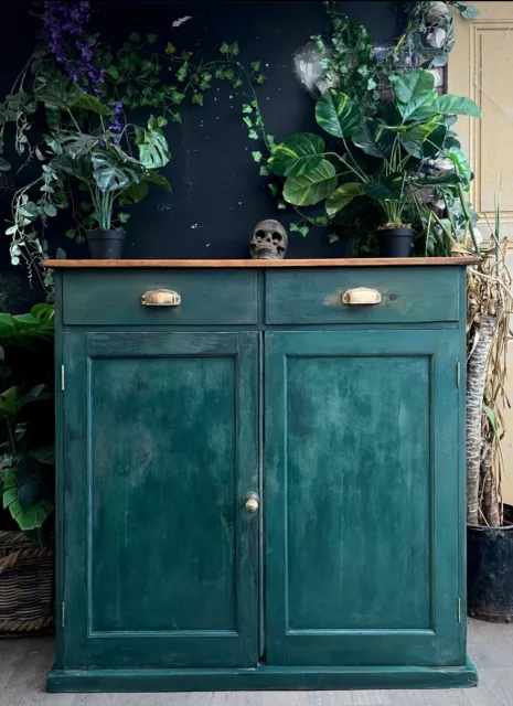 Cabinet Cupboard Solid Wood Pine Victorian Original Painted Green Brass Handles