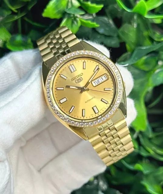 Seiko SNXS80 Datejust Gold Daydate with Sapphire crystal & created diamond bezel