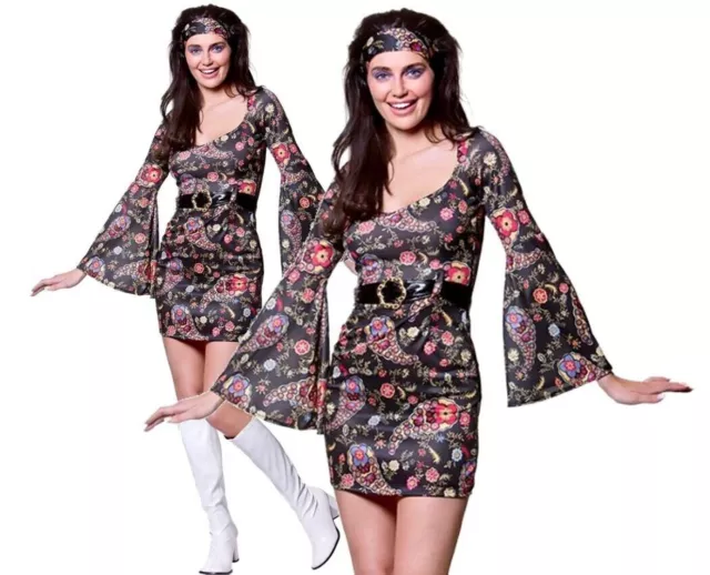 Retro Go Go Girl Ladies Costume 60s 70s Hippy Hippie Fancy Dress Adult Outfit