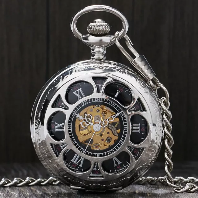 Vintage Hollow Cover Mechanical Hand Wind Pocket Watch for Men Women Chain Gift