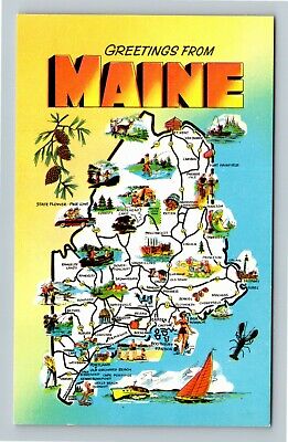 ME- Maine, General Greetings, The Pine Tree State, Map, Aerial, Vintage Postcard