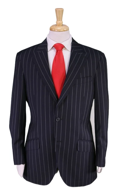 Peter Millar Blu Navy Bold Gessato Peak Lapel 2-Btn Lusso Lana Abito 40R