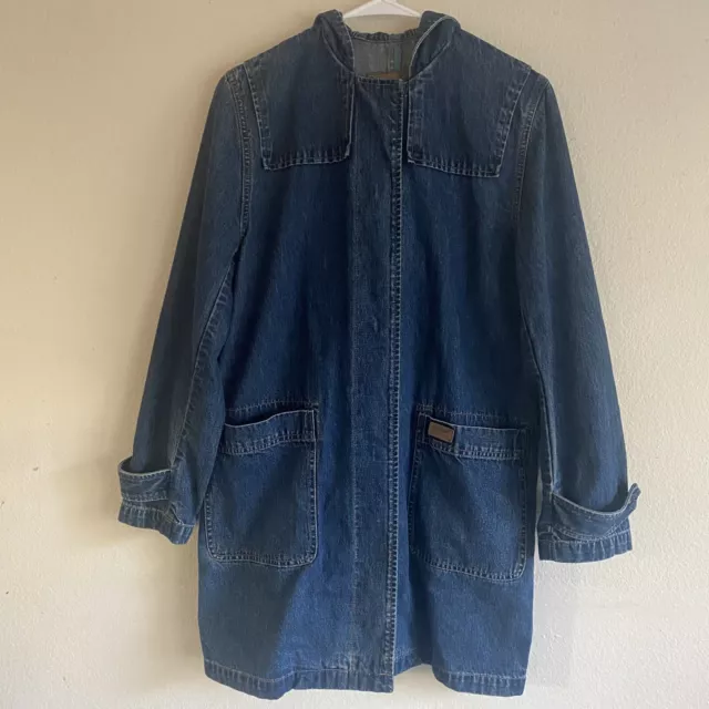 RL Ralph Lauren Jeans Denim Jacket Womens Small? Hooded Long Patch Button Up