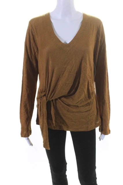 Kinly Womens Long Sleeve Tie Front Tee Shirt Ginger Snap Brown Linen Size Small