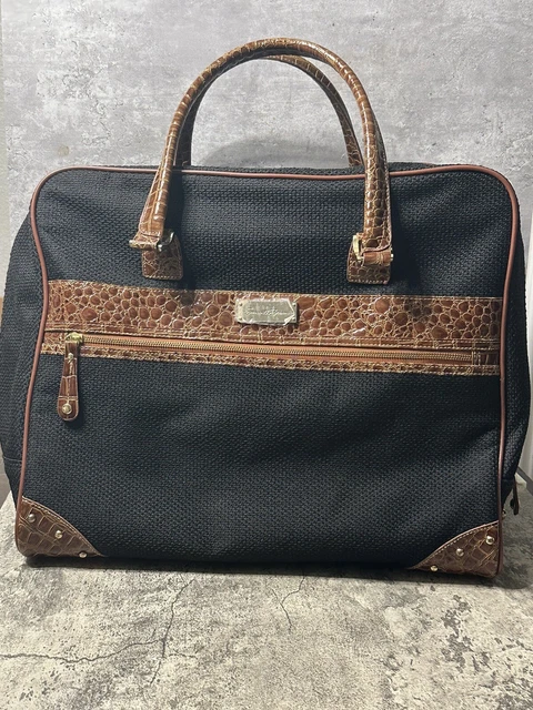Samantha Brown Black Woven Fabric Brown Croco Embossed Overnight Carry On Bag 2